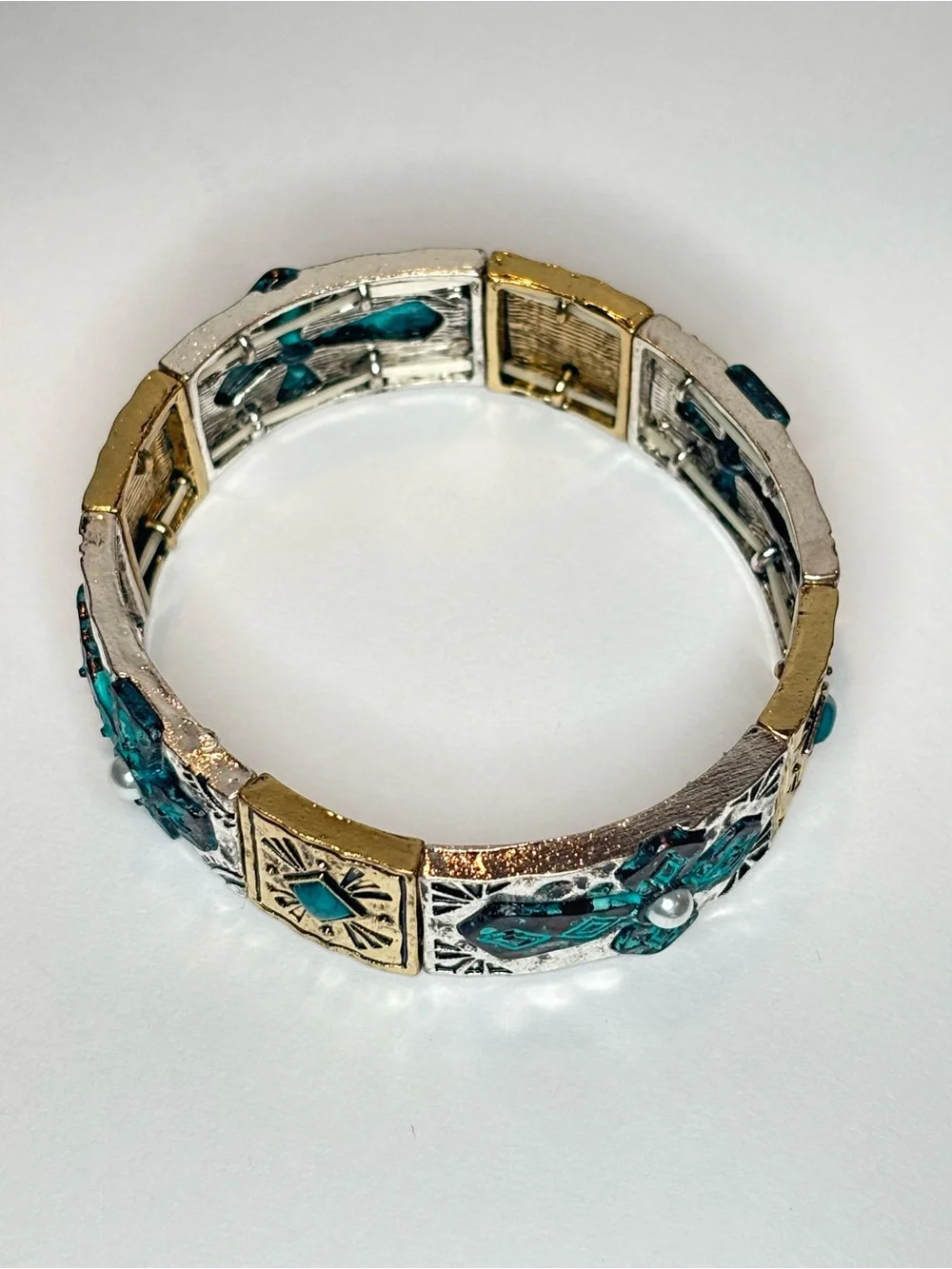 Southwest Style Stretch Bracelet Turquoise Cross Flower Faux Pearl Two Tone